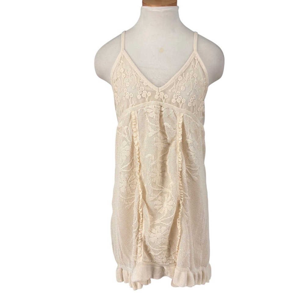 Zara Knit Lace Crochet Dress Medium Cream Excellent Embroidered Ruffle Boho